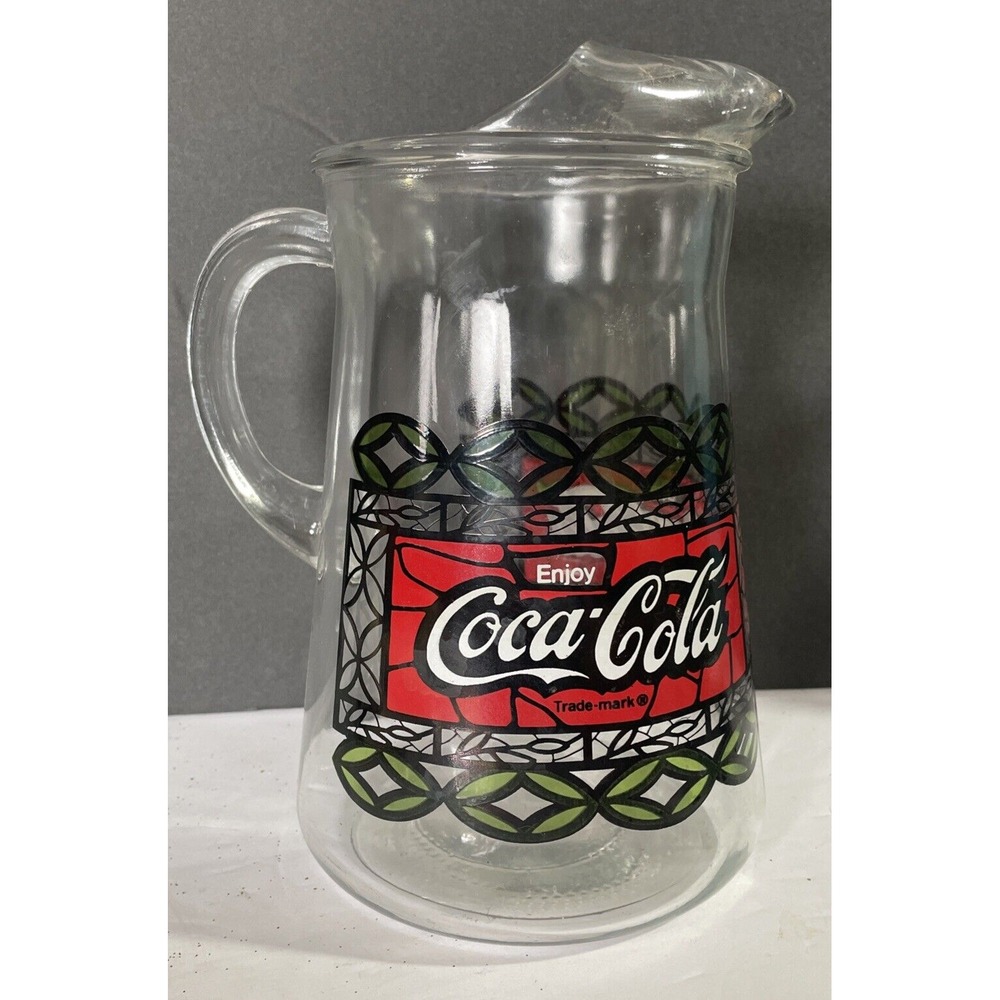 Coca Cola Pitcher Stained Glass Style 96oz w/‎ Ice Blocking Lip Vintage 1970s